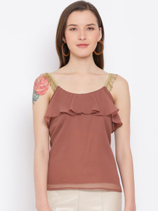 ALL WAYS YOU Casual Sleeveless Self Design Women Brown Top