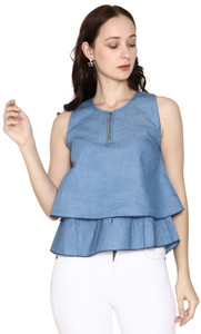 Romile Casual Sleeveless Solid Women Dark Blue Top