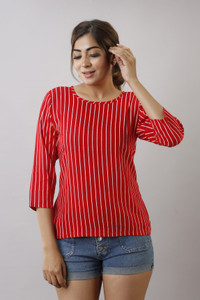 Surhi Casual 3/4 Sleeve Striped Women Red Top