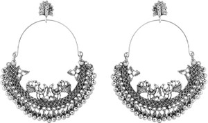 Nityakshi Afghani , Bohemian Style Party Wear Oxidized Silver Chandbali Drop & Dangler Earrings Set , Chandbali Earring / Silver -Plated Crescent Shaped Hoop ChandbalisEarring Alloy, German Silver Hoop Earring, Chandbali Earring, Jhumki Earring, Earring Set