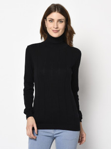 98 Degree North Solid Turtle Neck Casual Women Black Sweater