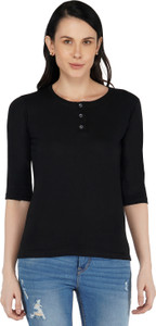 Sundish Solid Women Henley Neck Reversible Black T-Shirt