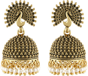 Divastri Bridal Wedding Traditional Gold Pearl Peacock Kundan For Women Girls Pearl Copper, Metal Jhumki Earring