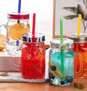 SK TRADING Glass Mason Jar with Straw and Handle, 500ml, 2-Piece (Transparent) Glass  (500 ml) Glass Mason Jar