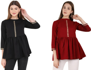 UNFAKENOW Casual 3/4 Sleeve Solid Women Maroon, Black Top