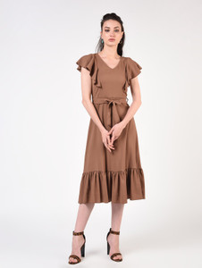 FLOREOS Women Ruffled Gold Knee Length Dress