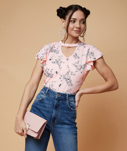 Chimpaaanzee Casual Flutter Sleeve Printed Women Pink, Black Top