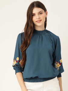 Dressberry Casual 3/4 Sleeve Solid Women Dark Blue Top