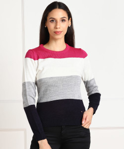 NUMERO UNO Striped Round Neck Casual Women Multicolor Sweater