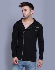 Tees Collection Solid Men Zip Neck Black T-Shirt