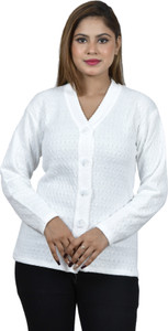 Blushh Collection Self Design V Neck Casual Women White Sweater