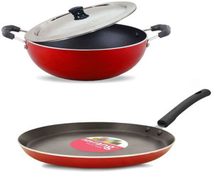 NAVRANG 3 PCS COMBO SET TAWA 260MM, KADAI 220MM WITH COMMON SS LID, RED कुकवेयर सेट