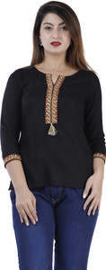 Brijam Casual 3/4 Sleeve Embroidered Women Black Top