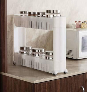 QUISTAL 2 Layer Storage Organizer Multipurpose Slim Rack | White 2 Tier Utility Shelf with Wheels for Kitchen, Bedroom, Bathroom Plastic Kitchen Trolley