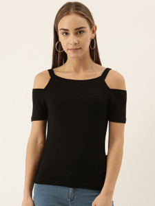 zebu Casual Cold Shoulder Solid Women Black Top