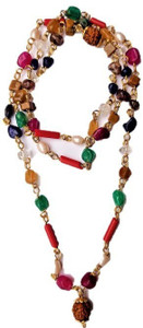 Cyan spritual Navratna or Navgrah Mala Multi Color Precious Gem Stones to Control Influence of all Nine Planet Stone Chain Wood Necklace