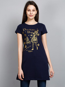 Fleximaa Casual Regular Sleeve Printed Women Dark Blue Top