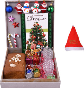 MANTOUSS Christmas Cake Gift(200gms)/ Christmas Plum Cake Gift Box+2 Shot Glasses + Christmas Card + Glass Candle + Christmas Tree Decoration Set+Santa Cap Wooden, Cotton, Plastic, Paper, Glass Gift Box