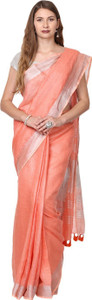 Black Orange Solid/Plain Bhagalpuri Handloom Linen Saree