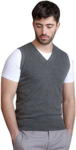 BASE 41 Solid V Neck Casual Men Grey Sweater