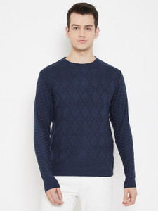 JUMP USA Geometric Print Round Neck Casual Men Blue Sweater