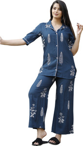 DAMMODE Women Printed Blue Shirt & Pyjama set