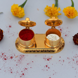 Craftam Double Dabbi Roli-Chandan, Chawal-Akshat-Haldi, Kumkum Box Tilak Chopda With Roli Rice Pack Decorative Showpiece  -  5 cm