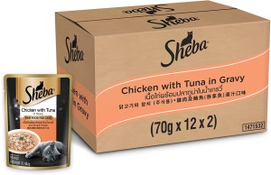 Sheba Rich Premium Adult (+1 Year) Chicken With Tuna In Gravy-Pack of 24 x 70g Chicken, Tuna 1.68 kg (24x0.07 kg) Wet Adult Cat Food