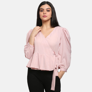 PRETTY LOVING THING Casual Puff Sleeve Solid Women Pink Top