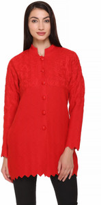 eWools Embroidered Round Neck Casual Women Red Sweater