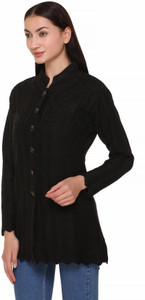 eWools Embroidered Round Neck Casual Women Black Sweater