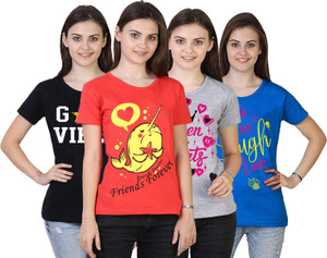 VEERAA CLOTHING Printed Women Round Neck Multicolor T-Shirt