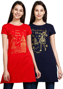 Fleximaa Casual Short Sleeve Printed Women Dark Blue, Red Top