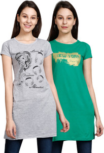 Fleximaa Casual Short Sleeve Printed Women Green, Grey Top