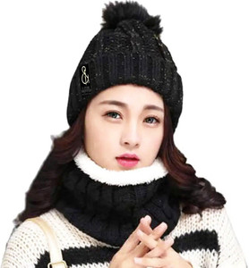 REFFER women Winter Woolen Beanie Cap with Scarf Set Stretch Warm(Inside Fur) Lining Winter caps for girls Winter Cap for Women Stylish Latest Beanie