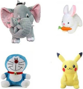Saubhagye stuff Combo 4 pics animale Soft Toys Set Elephant 40cm with 2 Baby , Rabbit 30cm , Pikachu 30cm , deramon for Kids Playing Soft Toys - 30 cm (Yellow, Grey, White, blue) - 30 cm (Multicolor)  - 40 cm