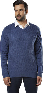 Next Look by Raymond Solid V Neck Casual Men Blue Sweater