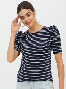 Harpa Basics Striped Women Round Neck Blue T-Shirt Buy Harpa