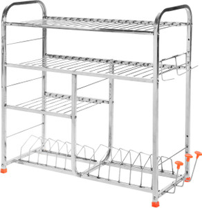 Zobby Stainless Steel 4 Layer Wall Mount Kitchen Dish Rack with Plate & Cutlery Stand Metal Kitchen Cabinet