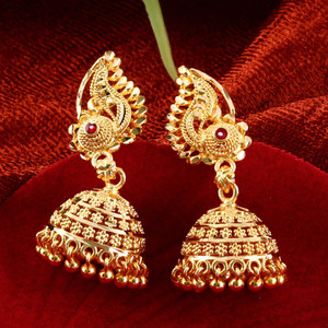 MEENAZ Traditional South Screw Back 1 one gram gold Wedding Bridal Stylish fancy party wear Ethnic Indian Temple jewellery Studs Big Meenakari Ghungroo Peacock Jhumka Jhumkas Golden Jhumki Earrings/ Earings / Ear rings for girls women Golden Micro Antique -GOLD JHUMKI-ME143 Brass, Copper, Metal, Alloy Jhumki Earring