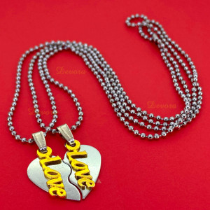 Devora His and Hers Lover Couple I Love You Heart Locket With Chain for Valentine's Day Gift (2 pieces - his and her) Rhodium Stainless Steel