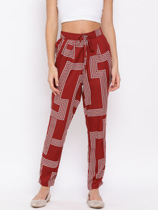 OXOLLOXO Women Graphic Print Regular Trousers (Large) Maroon Regular Fit Women Maroon, White Trousers