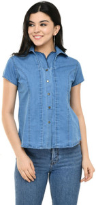 SAAKAA Casual Short Sleeve Solid Women Blue Top