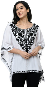 SAAKAA Casual 3/4 Sleeve Embroidered Women White Top