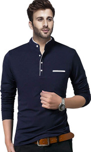 Adorbs Solid Men Mandarin Collar Dark Blue T-Shirt