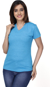 NEO GARMENTS Striped Women V Neck Blue T-Shirt