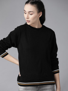 Roadster Solid Round Neck Casual Women Black Sweater