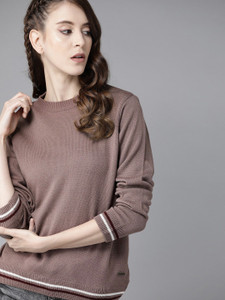 Roadster Solid Round Neck Casual Women Purple Sweater