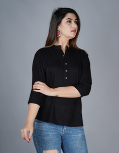 Brijam Casual 3/4 Sleeve Solid Women Black Top