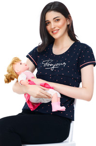 ZEYO Casual Short Sleeve Printed Women Blue Top